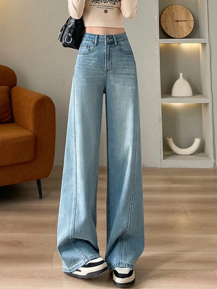Denim straight leg pants women in the autumn of 2025 slimming elastic high waist narrow version curved knife pants