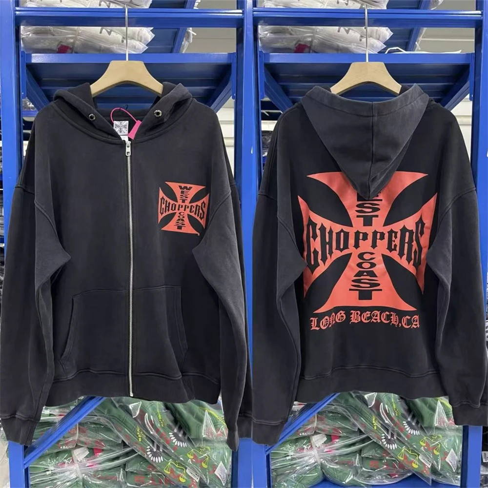 25ss West Coast Choppers المرقعة سستة مقنعين الرجال النساء النسيج الثقيل غسلها معطف أسود السترة