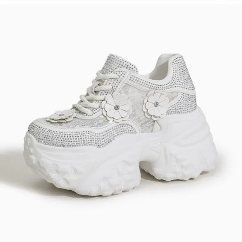 

New Summer Bling Shoes 2026 Women Synthetic Leather Casual Platform Sneakers Women Vulcanize Hollow Chunky Sneakers 10CM Shoes