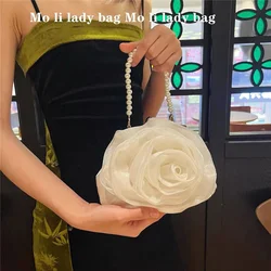 Luxury Designer Satin Floral Handbag Women Elegant Evening Bag Wedding Party Clutch Purse Pearl Beading Shoulder Crossbody Bag