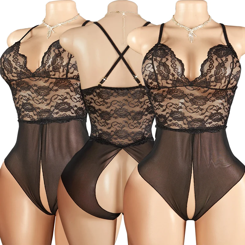 Sexy Crotchless Nightgowns Women Lace Floral Mesh Transparent Pijama Dress Erotic Teddy Bodysuits Y2k Deep V Halter Neck Pajamas