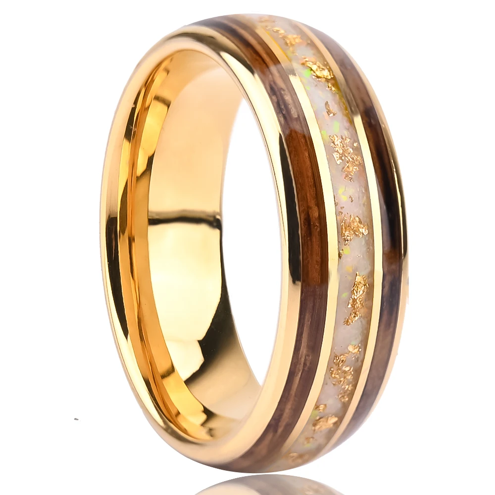 

8mm Gold Tungsten Carbide Ring Whiskey Barrel Wood Gold Leaf Opal Inlay Eternity Style for Wedding Party Girls Rings Luxury