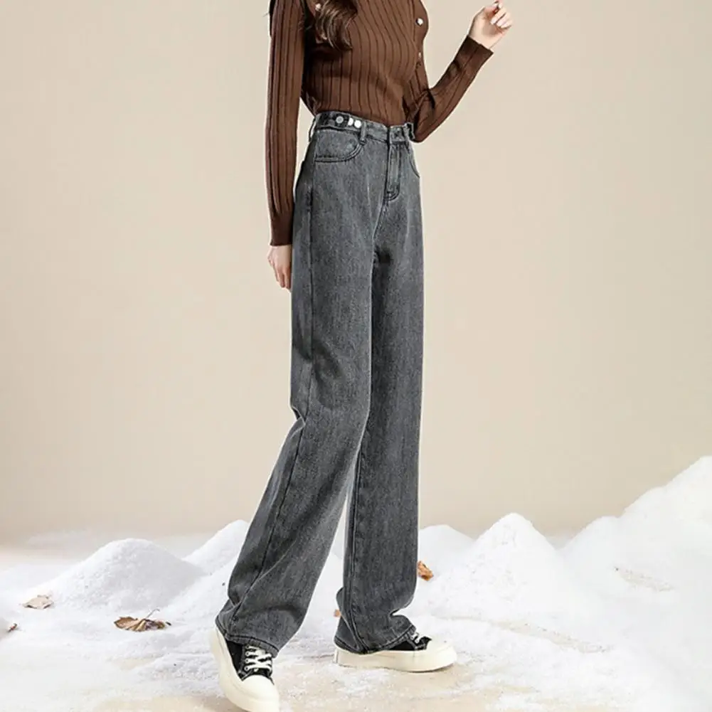 Women Winter Jeans High Waist Button Zipper Closure Thick Velvet-lined Loose Fit Pockets Straight Wide Leg Streetwear Pants Dail
