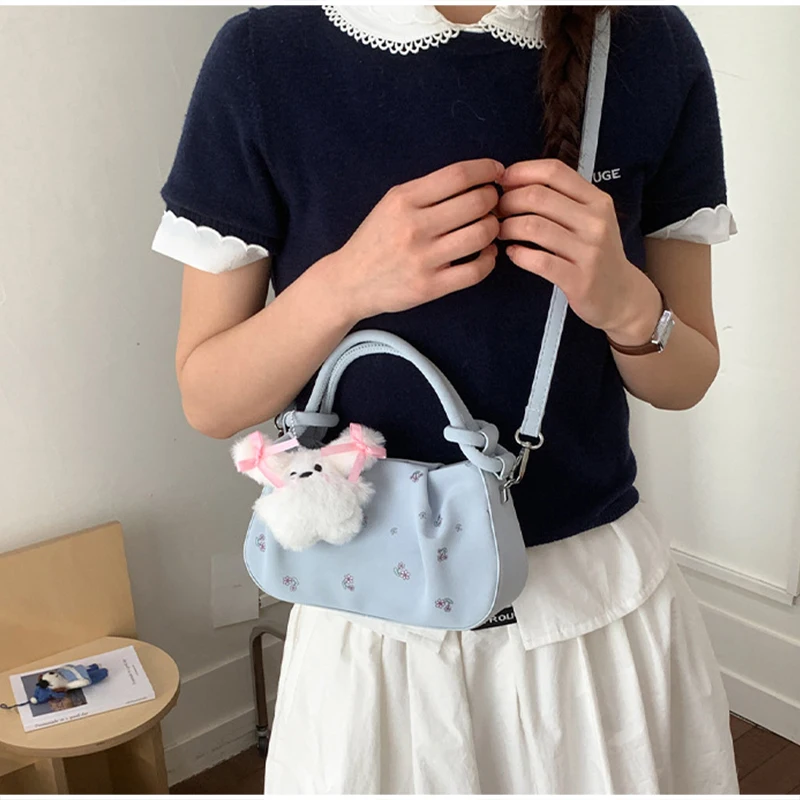 

New Fashion Solid Color Shoulder Bag, Korean Mobile Phone Bag With Pendant Summer Casual Pleated Soft Cloud Bag Floral Print
