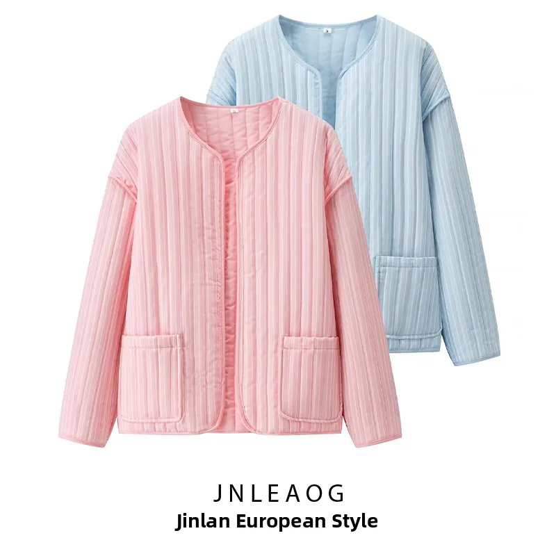 

Модная полосатая хлопковая куртка с большими карманами и круглым вырезом в уличном стиле для женщин, осенняя новинка, универсальный цвет