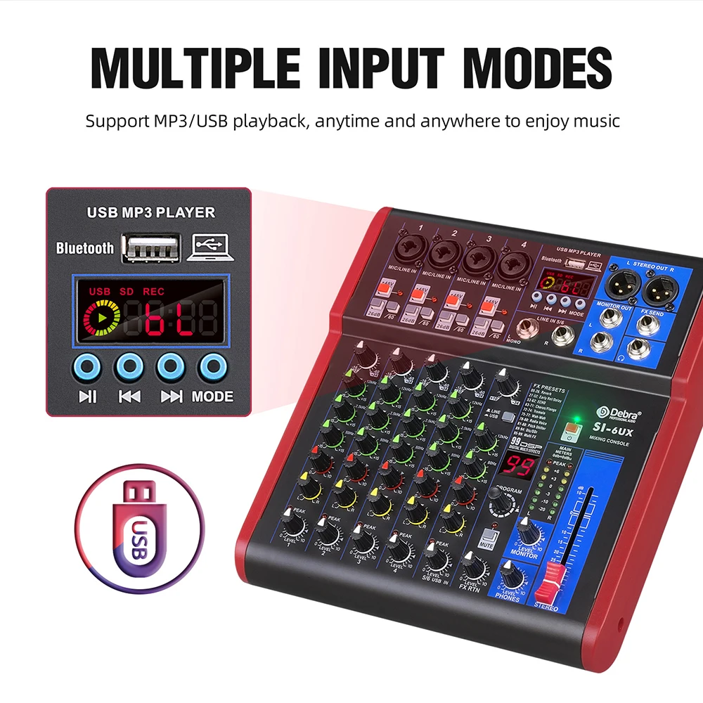 ديبرا برو 6 قنوات DJ كونترول مع 99DSP ريفير تأثير بلوتوث 5.0 USB خلاط USB ل كاريوكي الكمبيوتر تسجيل مكثف هيئة التصنيع العسكري