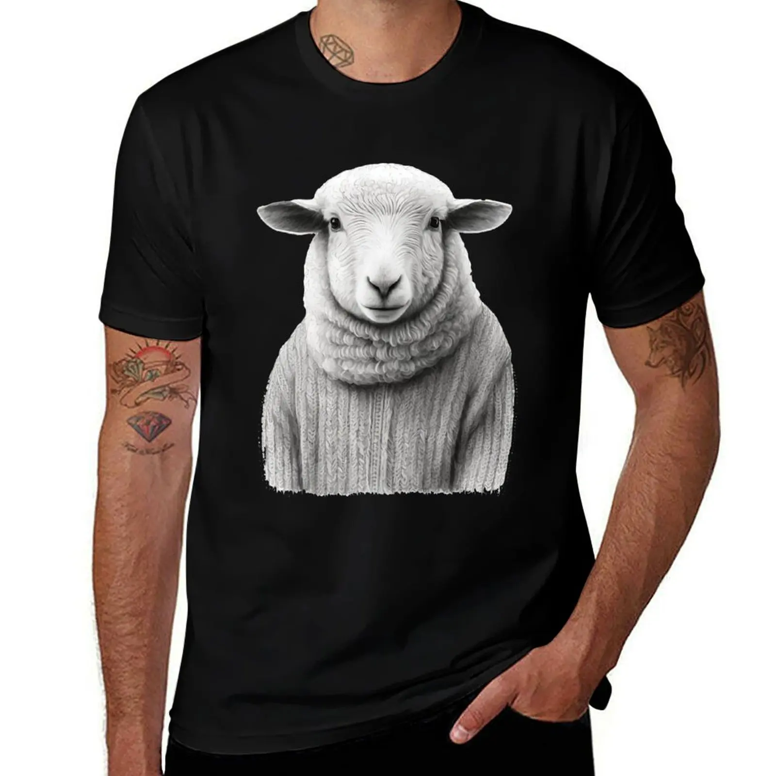 Sheep wear knitwear Sheep Human Style Black and White T-Shirt Quick Dry Training Short Sleeve Tee T-Shirt