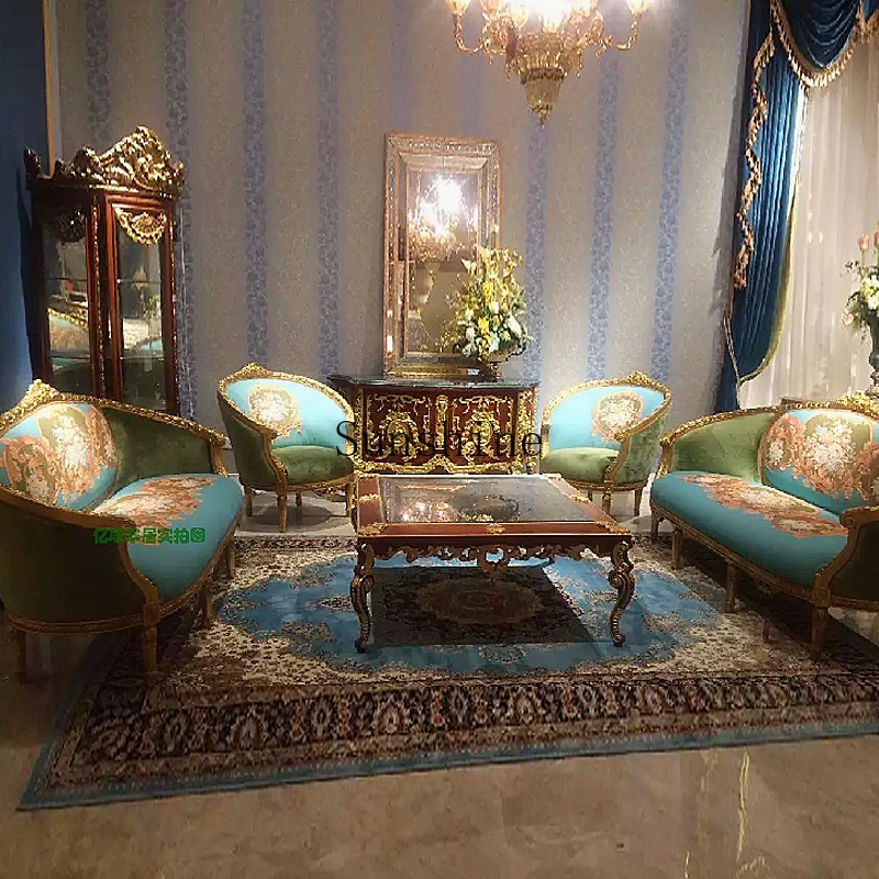 

European Classical Solid Wood Villa Hotel Romantic Green Blue Flower Three Sofa