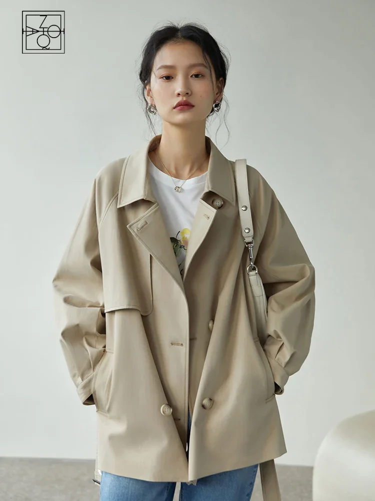 

ZIQIAO Japanese Turn down Collar Full Regular Sleeve Khaki Trench Loose Straight Short Jakcet Office Lady Fabric Belt Coat