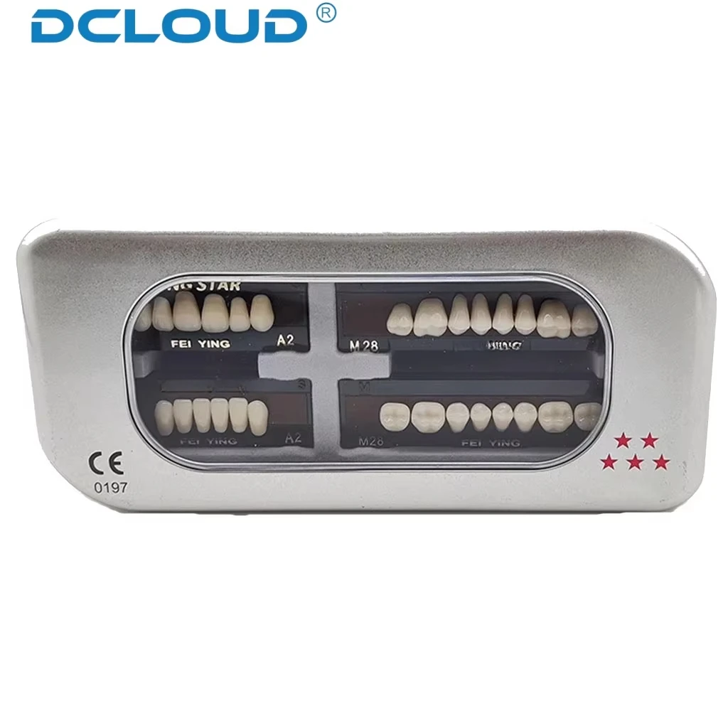 DCLOUD 28Pcs/Box Dental Resin Dentures Full Set False Teeth Full Mouth Dentures Upper Lower L/M/S Plastic Steels Tooth A2 A3