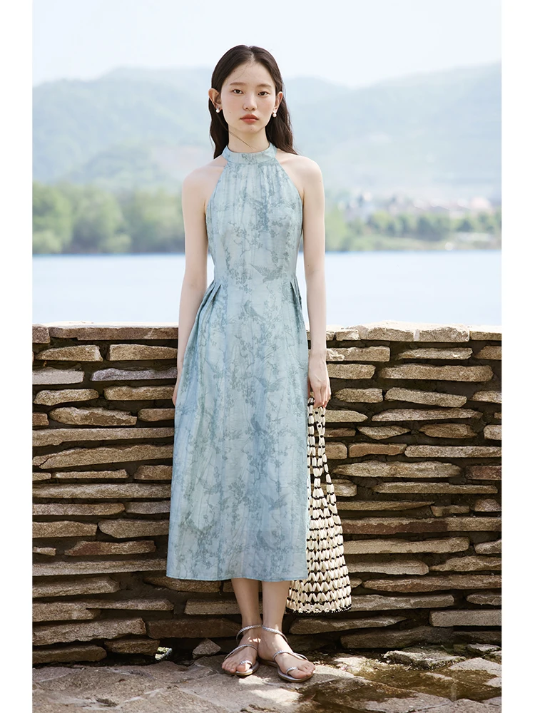 ZIQIAO New Chinese Style Jacquard Halter Neck Lace-up Women Dress 2024 Summer New Ladies Elegant Blue Long Dress 24ZQ92370