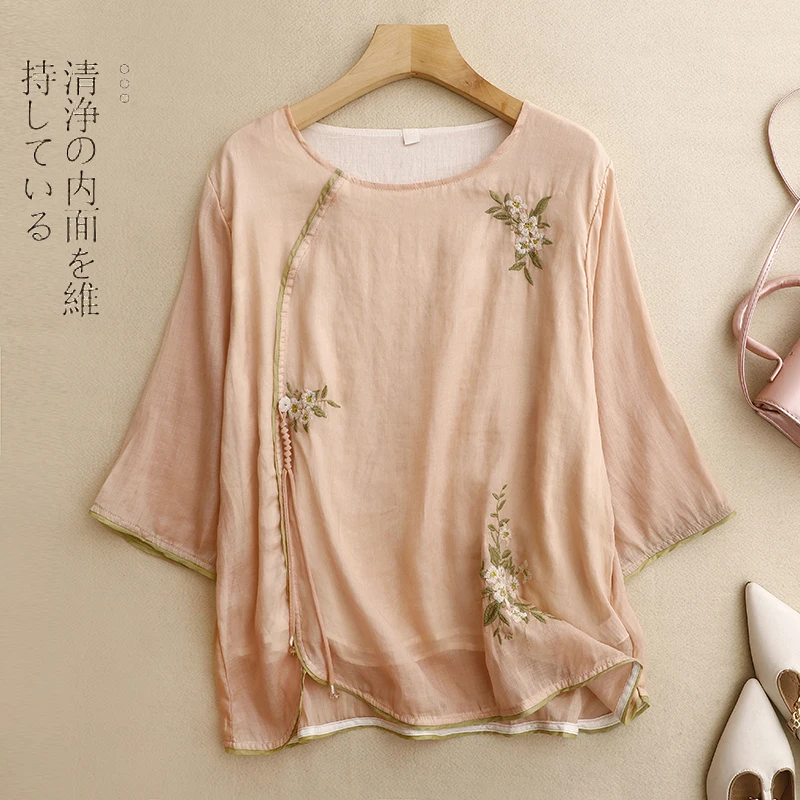 Summer Slanted Lapel Stand-up Collar Women New Chinese Style Embroidery Printing Long Sleeved Loose Comfortable T-shirt A913