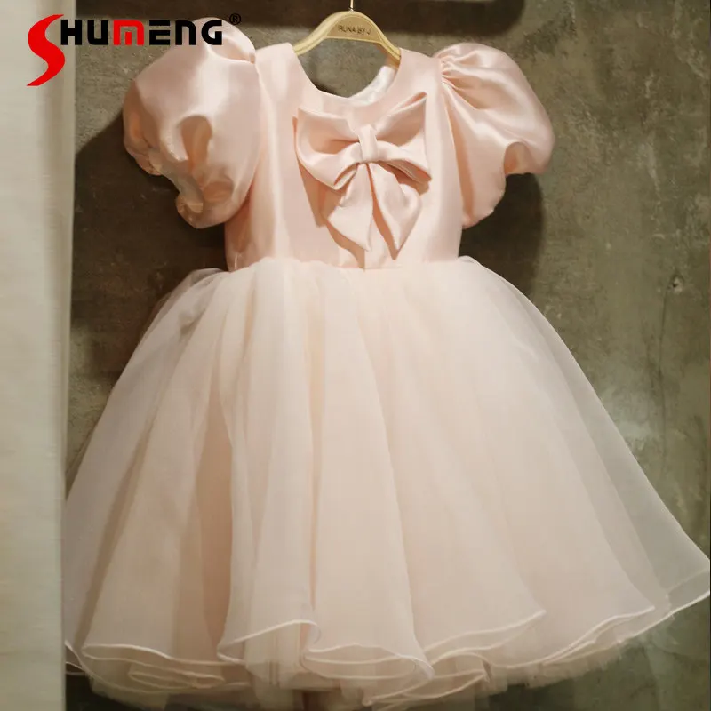 High End Party Princess Dress Girls' Birthday Pink Birthday Performance Dress Children's Short Sleeve Bow Design Dress