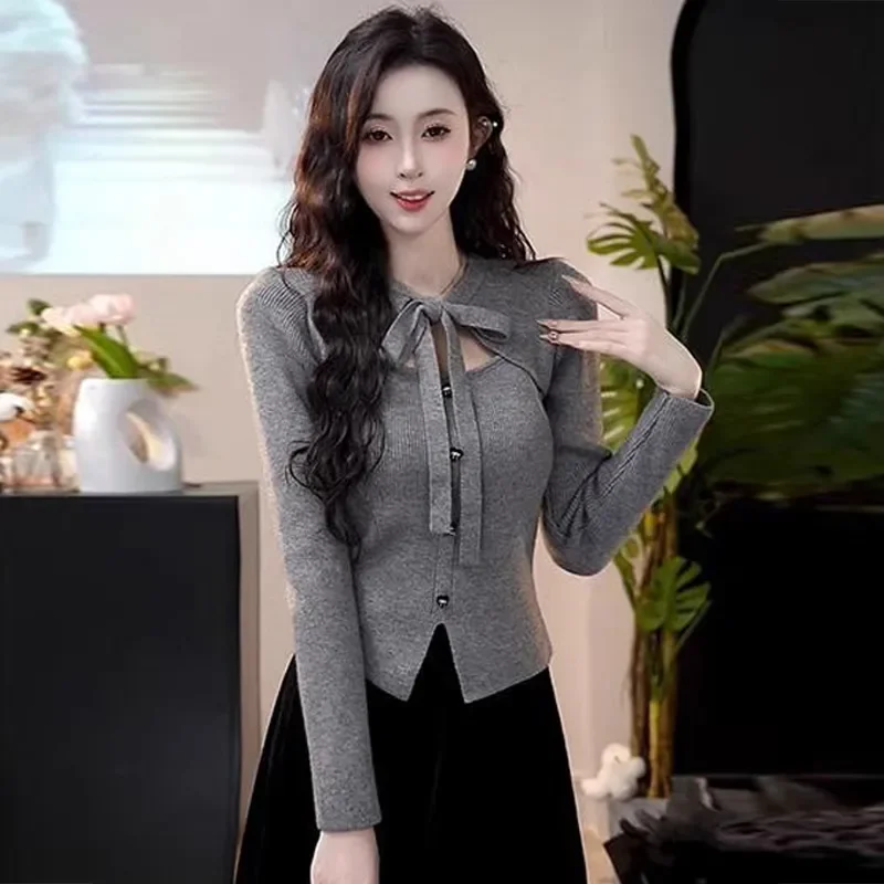 Bow Fake Two-piece Top with Stunning Design Hollow Out Slim Fit Long-sleeved Sweater