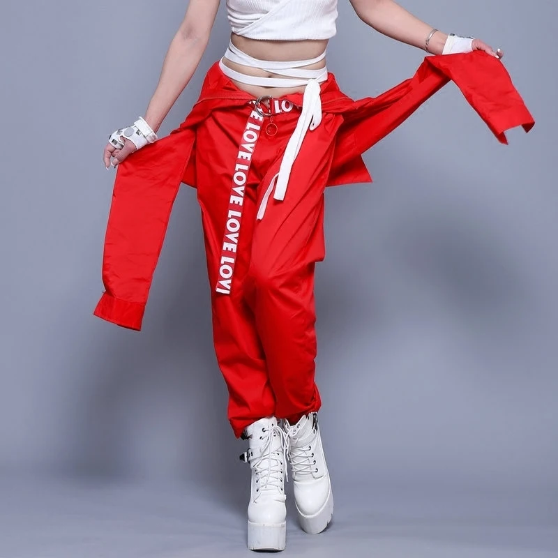 #0102 Stage Costumes For Singers Women Dance Night Club Costume Hip Hop Overalls Unisex With Belt Red Jumpsuit Long Sleeve Loose