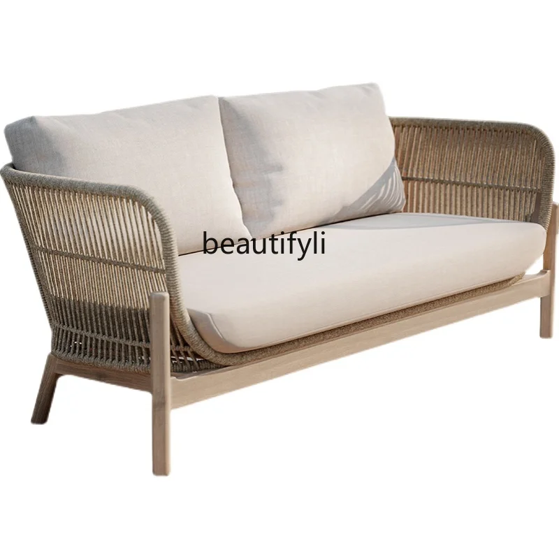 Outdoor Solid Wood Sofa Rattan Furniture Outdoor Outdoor Balcony Coffee Table Rattan Chair Waterproof And Sun Protection