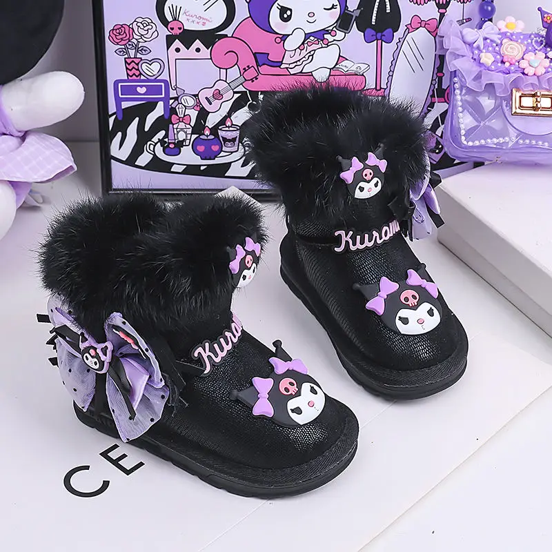 Sanrio Kuromi Girl Snow Boots Anime Cute Children Black Mid-calf Plus Velvet Rabbit Fur Cotton Boots Winter Waterproof Loafers