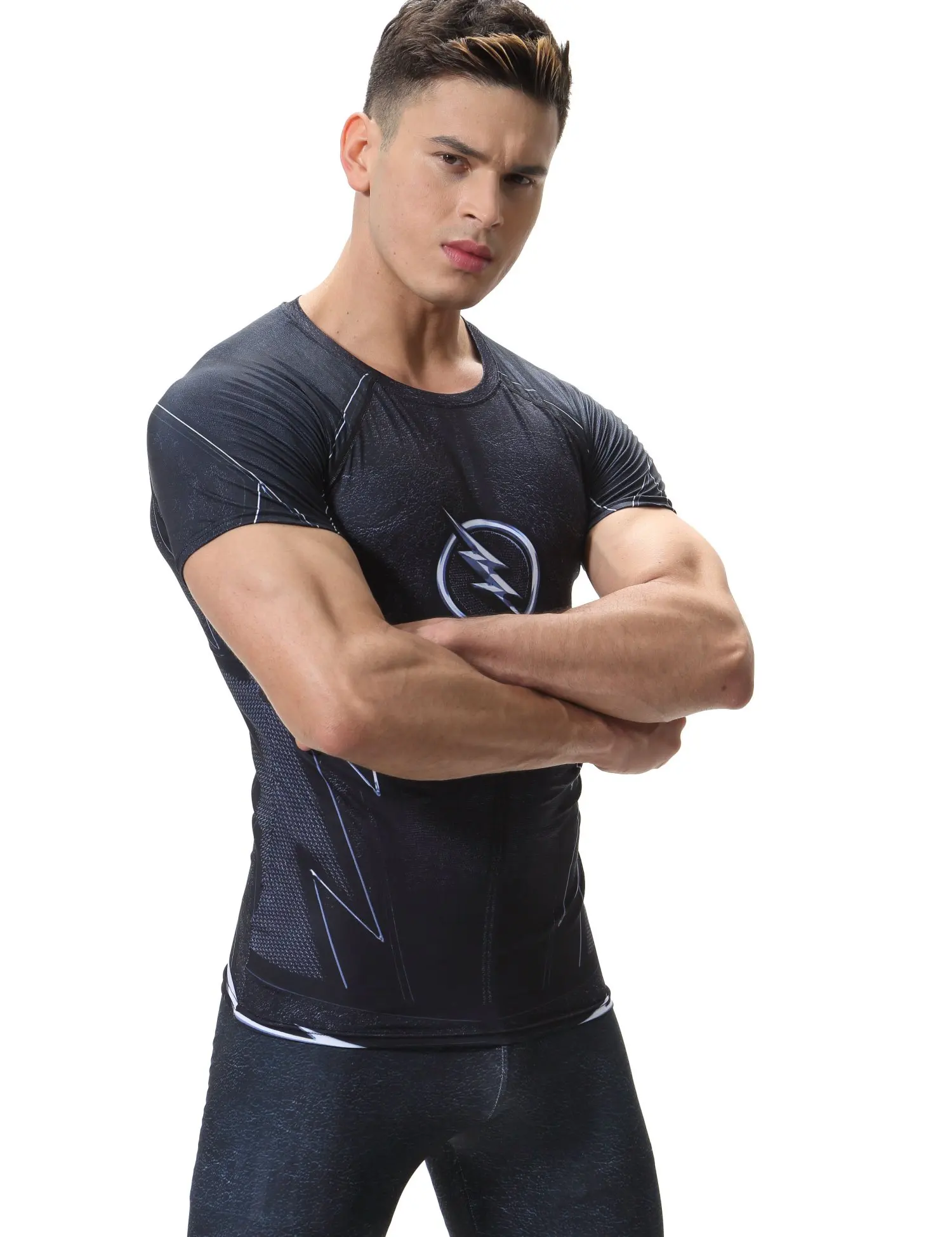 Camisas de compressão masculina manga curta impressão seco ajuste t camisa fitness correndo atlético treino esportes baselayer t (1093)