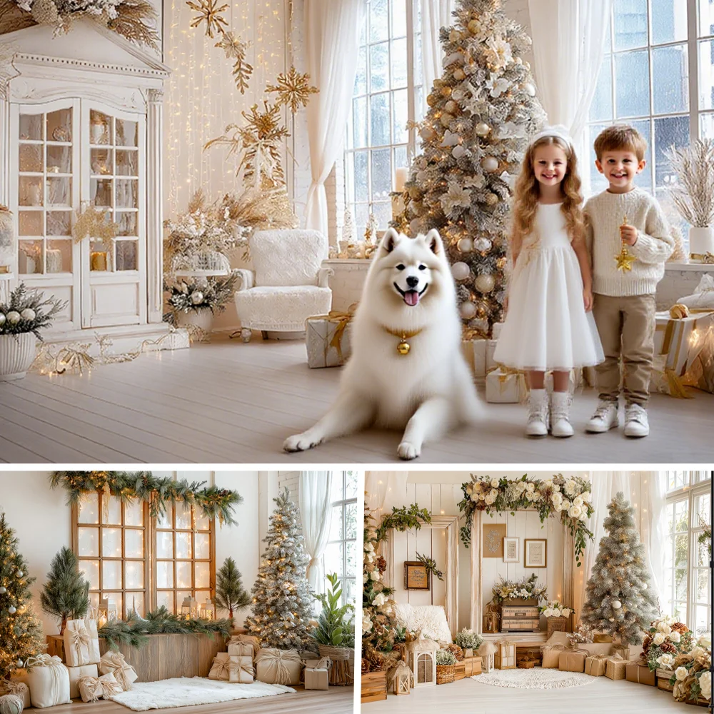 

Christmas Room Photography Backdrop Xmas Tree Decor Background Retro Door Window Flower Family Portrait Photo Studio Supplies