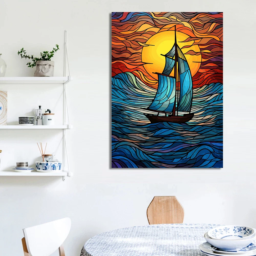 Stained Glass Style Tree Mountain Landscape Canvas Painting Tulip Rose Cherry Blossom Flowers Boat Poster Print Wall Home Decor