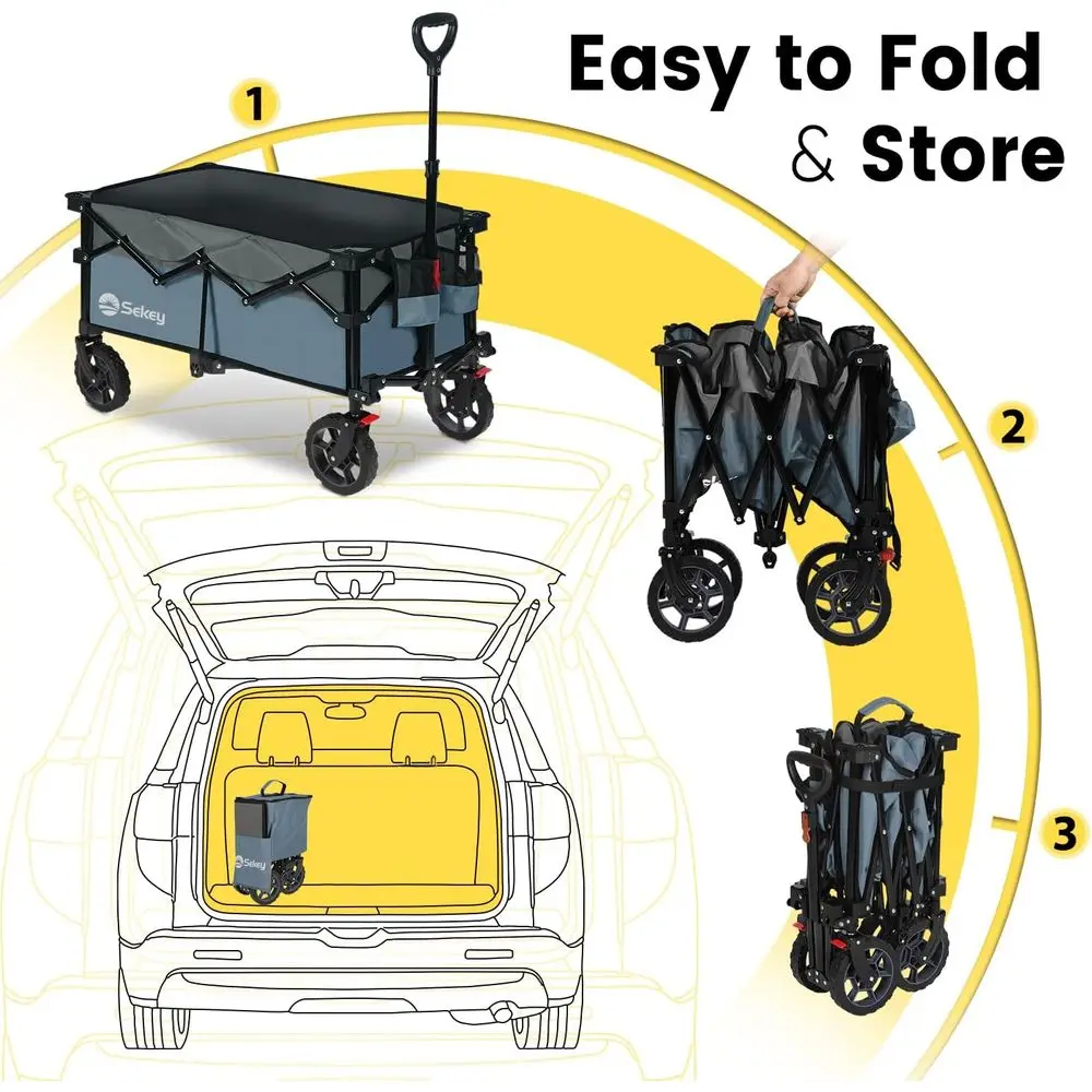 รถเข็นอเนกประสงค์พับได้สำหรับทุกพื้นผิว ล้อใหญ่ รับน้ำหนักได้ 330 ปอนด์ สีน้ำเงินและสีเทา พร้อมที่วางของ
