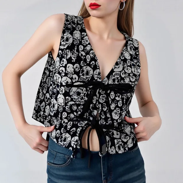 

Women's Fashion New Embroidered Jacquard V-neck Tie Vest Sleeveless Top Small Tank Top