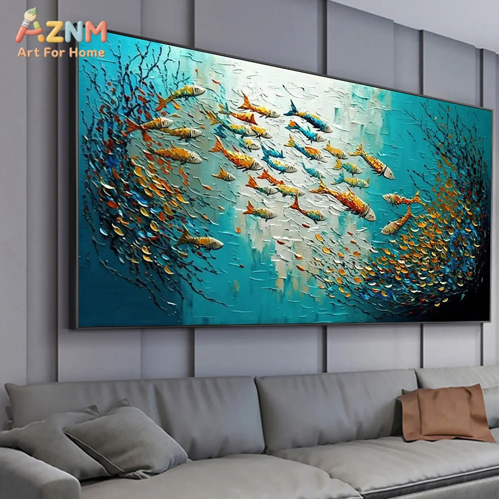 AZNM Abstract Koi Fish School Canvas Wall Art 3D Textured Underwater Painting for Living Room No Frame