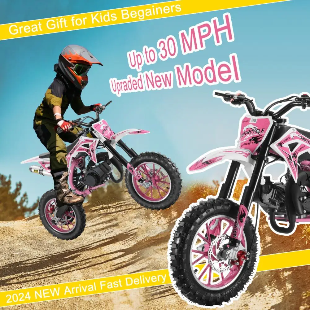 49cc 2-Stroke Pink Dirt Bike, Gas Power Motocross, Equipped With Front And Rear Disc Brakes, Pull-start, Cool Birthday Gift