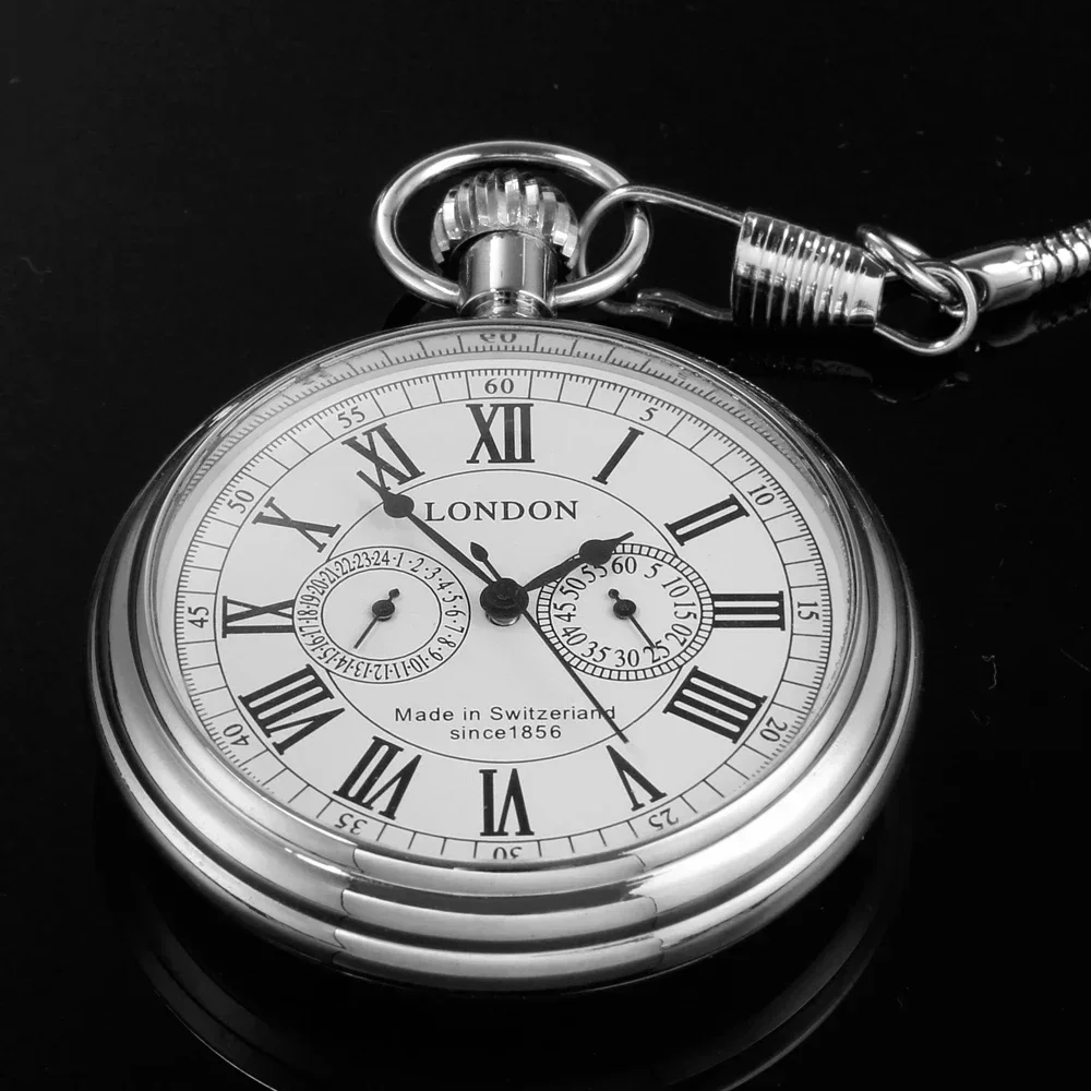 Antique Silver London 1856's Luxury Pocket Watch Mechanical Hand Winding Stainless Steel Case Mens 30cm Chain Pocket Watch Gift