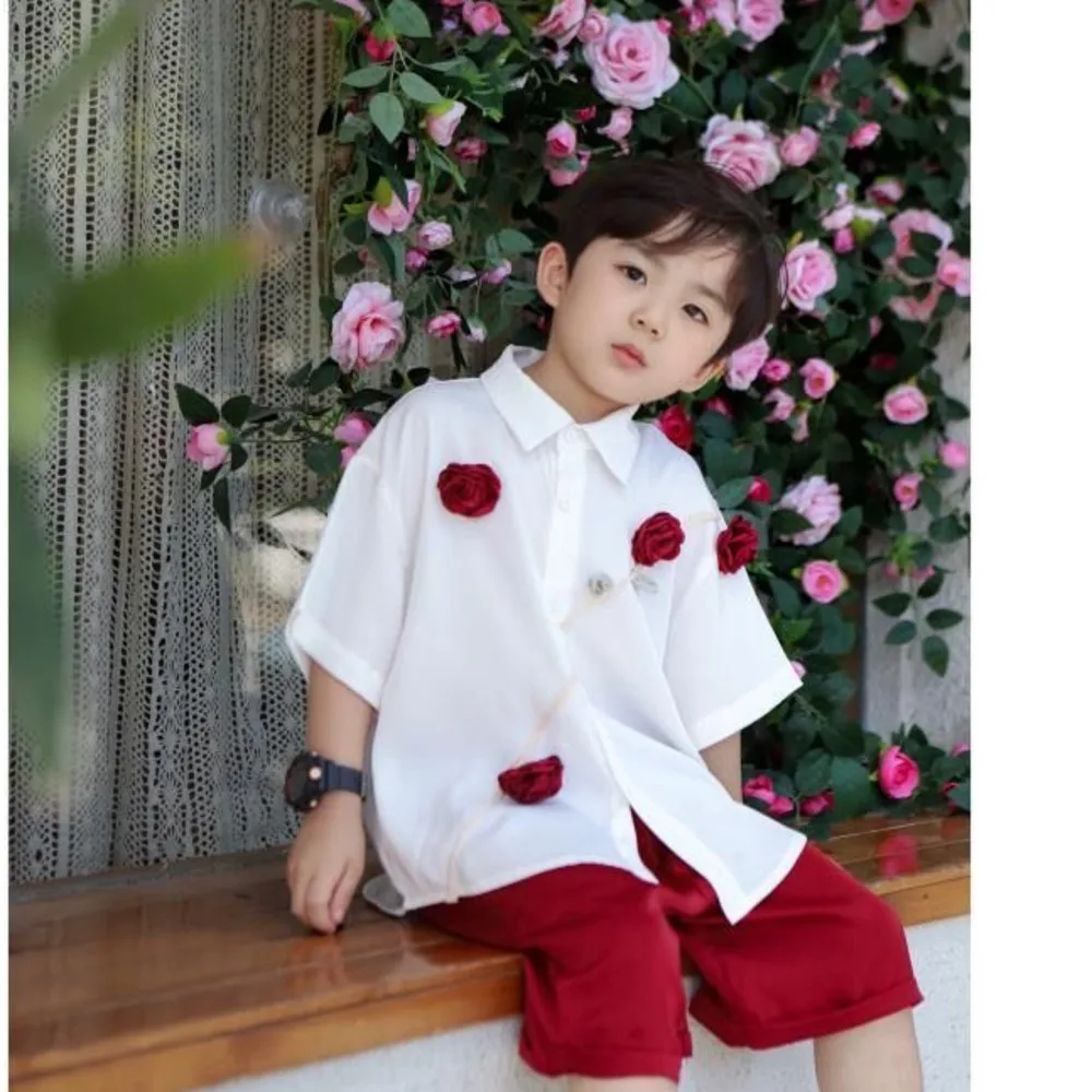 Boys' Sets Button Shirts Shorts Two-piece Suits Contrasting Colors Stereoscopic Rose Handsome Summer Fashion Children's Suits