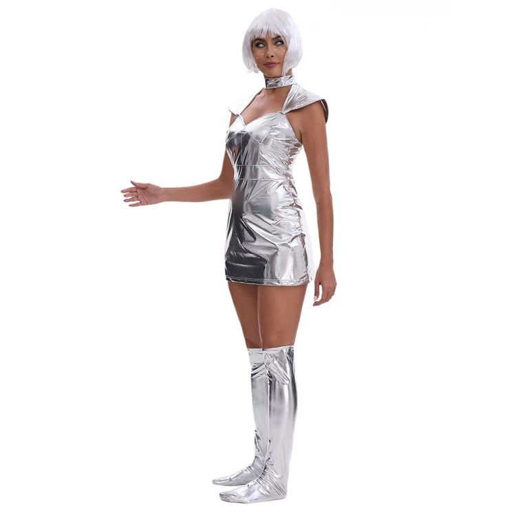 Fantasia de cosplay de era mecânica, traje espacial prateado, roupas para performance em palco, traje tradicional chinês feminino