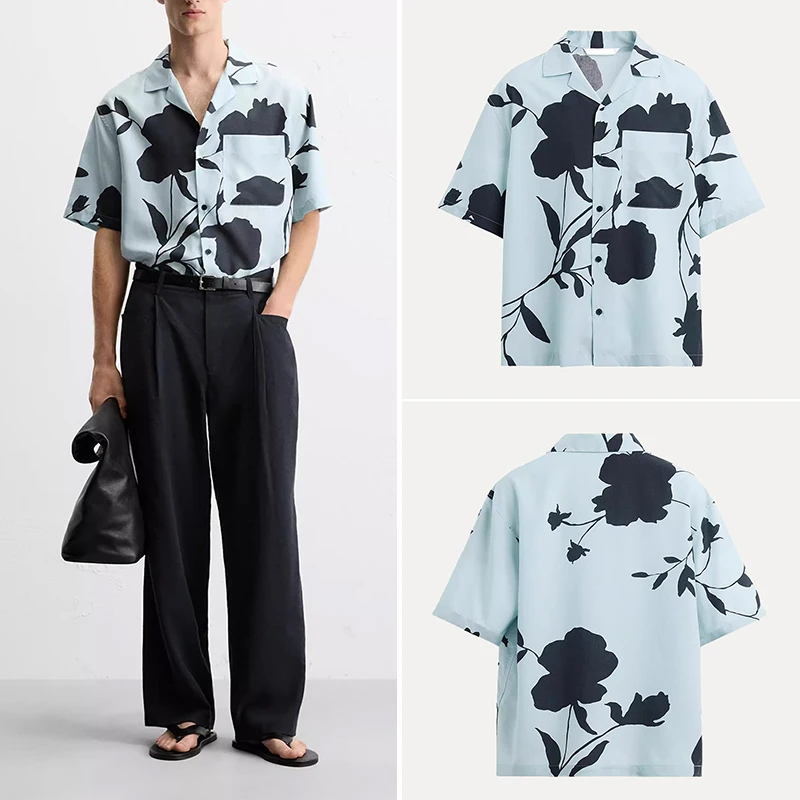

Loose Fit Floral Print ort Sve irt Trendy Haome Summer New Arrival Men's Clothing Z Polyester Fiber Youthwear