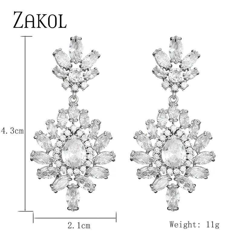 ZAKOL Luxury Rose Gold Color Crystal Leaf Drop Earrings for Wome Shinny Cubic Zirconia Bridal Wedding Jewelry