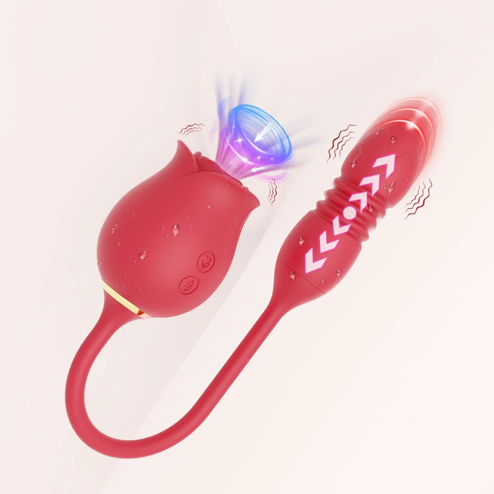 Consolador vibrador de empuje con succión de rosas para mujer, estimulador de clítoris y pezón, huevo vibrador, lengua, lamiendo, succionador de clítoris, Juguetes sexuales