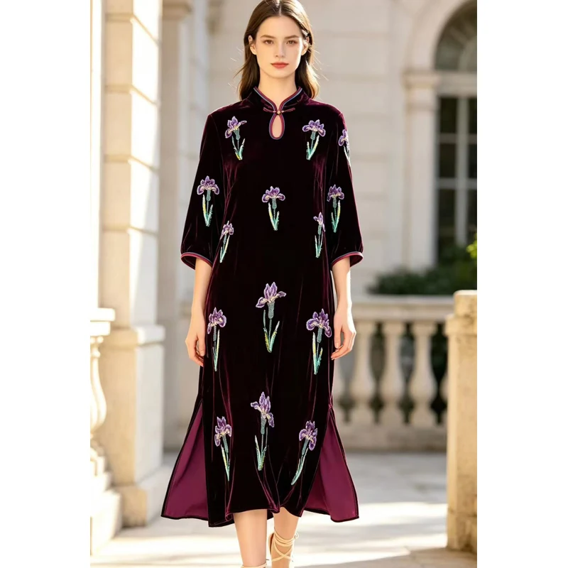 Spring and Autumn New Stand Collar Silk +Velvet Fabric Embroidered Seven Quarter Sleeves Fashionable Side Slit XL-3XL