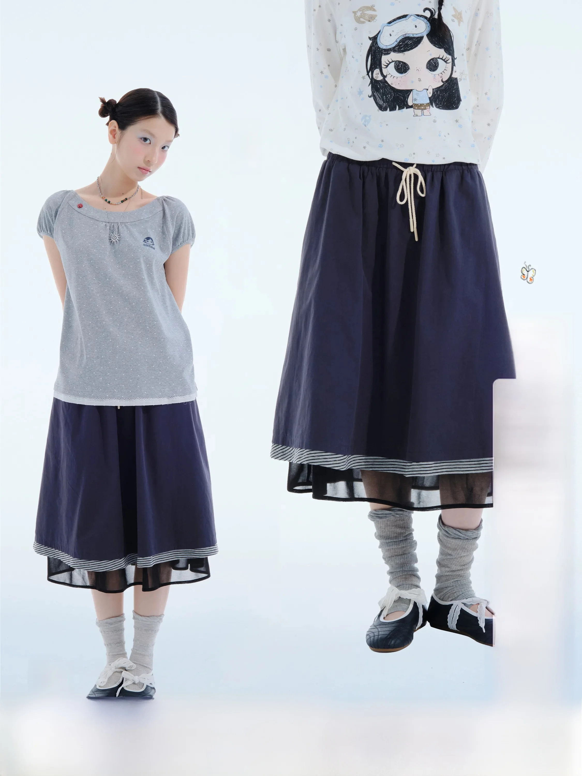 Middle-Length A-Line  Skirt Pure Cotton Patchwork Fake Two-Piece Design Youthful Student-Friendly Belted Loose Fit