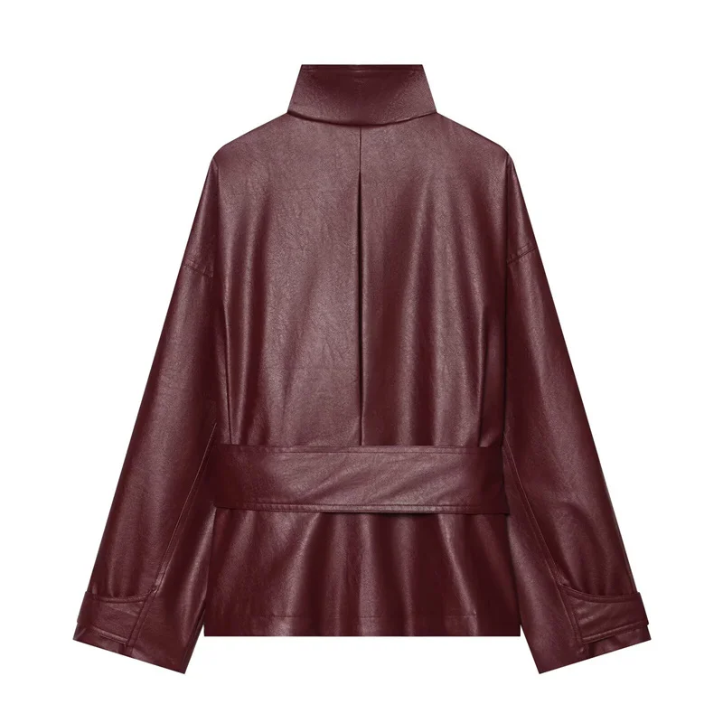 Guobioziy 2026 Autumn Slim Fit PU Leather Jacket Women Belted Waist Stand Collar Coat For Elegant Office Lady Work Wear