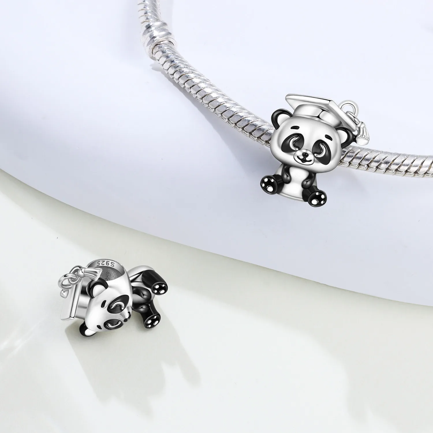 CYCUFF 925 Sterling Silver Graduation Hat Panda Animal Pendants Bracelet Charms Fit Jewelry Party Beads DIY Fine Gifts