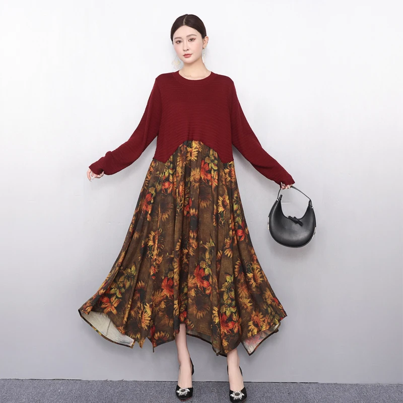 

Осень 202, элегантное женское свободное вязаное лоскутное длинное платье с принтом, женское платье с длинным рукавом, оптовая продажа J2050