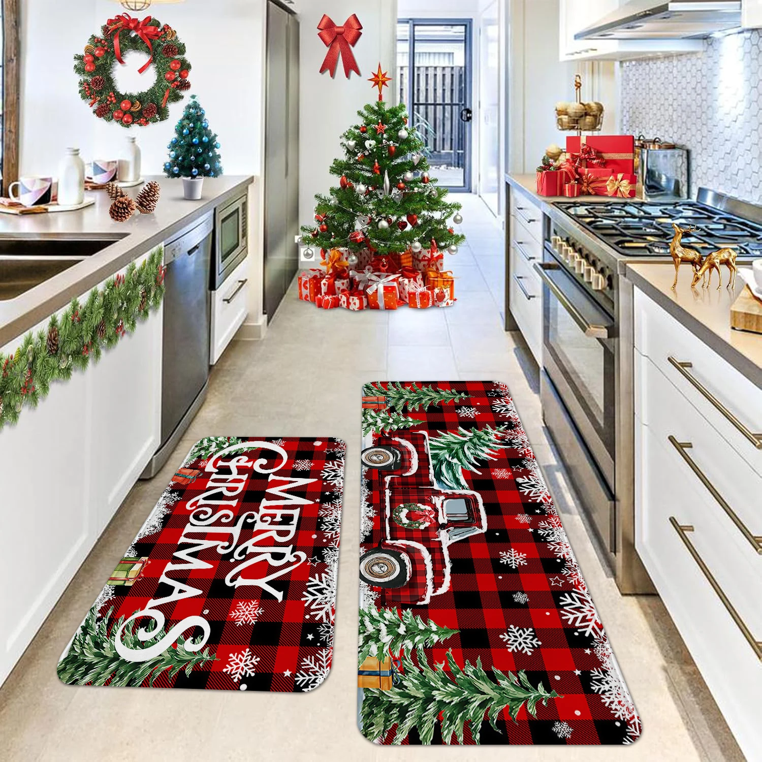 1/2/3 pçs decoração de cozinha de natal tapete retro caminhão árvore de natal design anti deslizamento macio flanela tapete