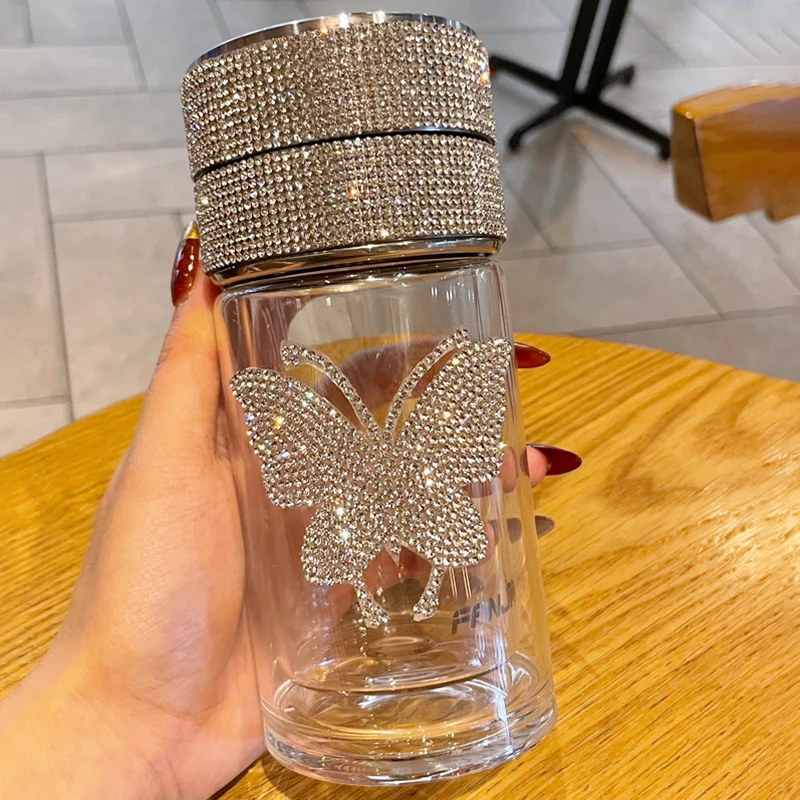 Bling Butterfly Rhinestone Double Wall Glass Water Bottle Cup Temperature Display Tea Drink Bottle With Filter High Borosilicate