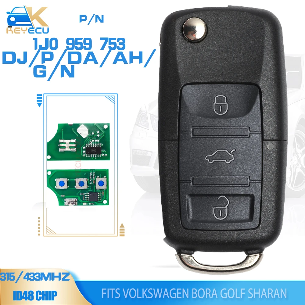 KEYECU 1J0 959 753 DJ/ 753 AH / 753 P/ 753 DA/753 N Flip Remote Key 315/433MHz ID48 Chip for VW Beetle Bora Golf Passat Polo