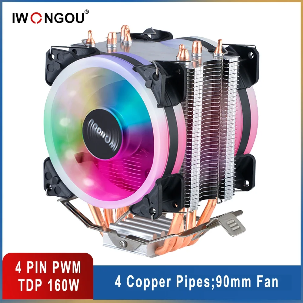 IWONGOU-X99 Cooler CPU para computador, radiador de 4 pinos, 90mm, ventiladores de refrigeração RGB, computador de 4 pinos, Intel Lga 2011, 1366, 1700, AMD, am4