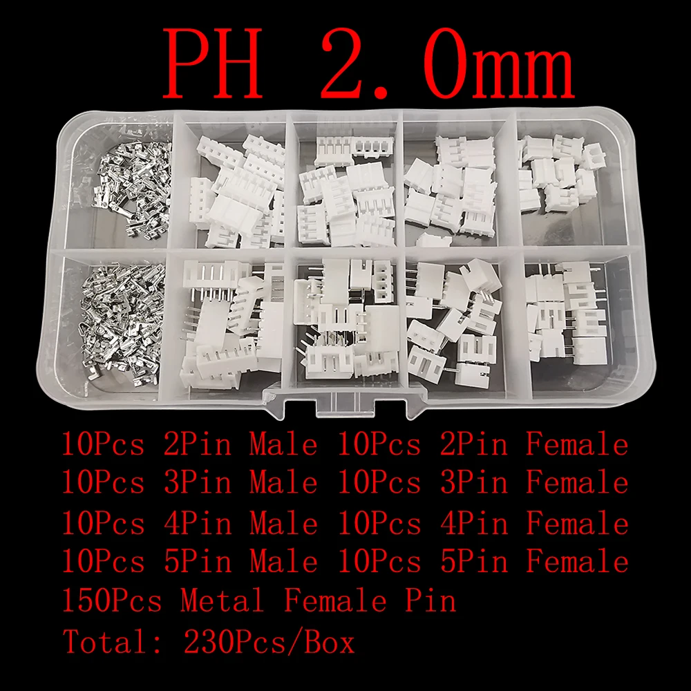 230Pcs PH2.0 2mm 2P 3P 4P 5 Pin Terminal Male Female Housing Pin Header JST Connector Wire Adaptor PH 2.0 Kits