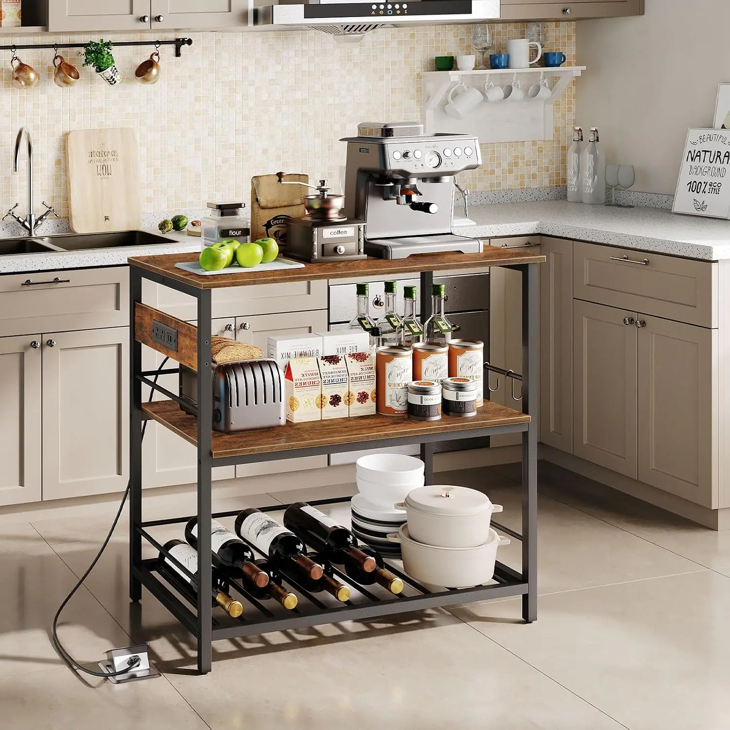 Kitchen Island with Storage, Kitchen Island Table with Power Outlet, 47.2