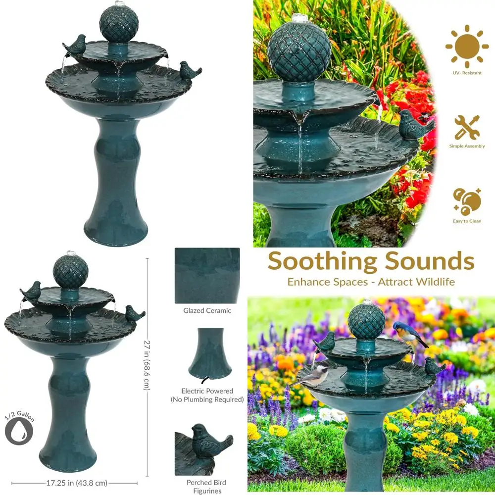 

Sunnydaze 27-дюймовый двухуровневый керамический уличный фонтан для патио, двора и балкона — декоративная функция сада синего цвета