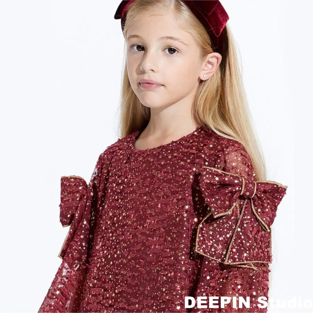 Girls Sequin Dress 24 Spring & Summer New Children\'s Girls Baby Nordic Style Bow Sequin Mesh Temperament Princess Bow-Knot Dress