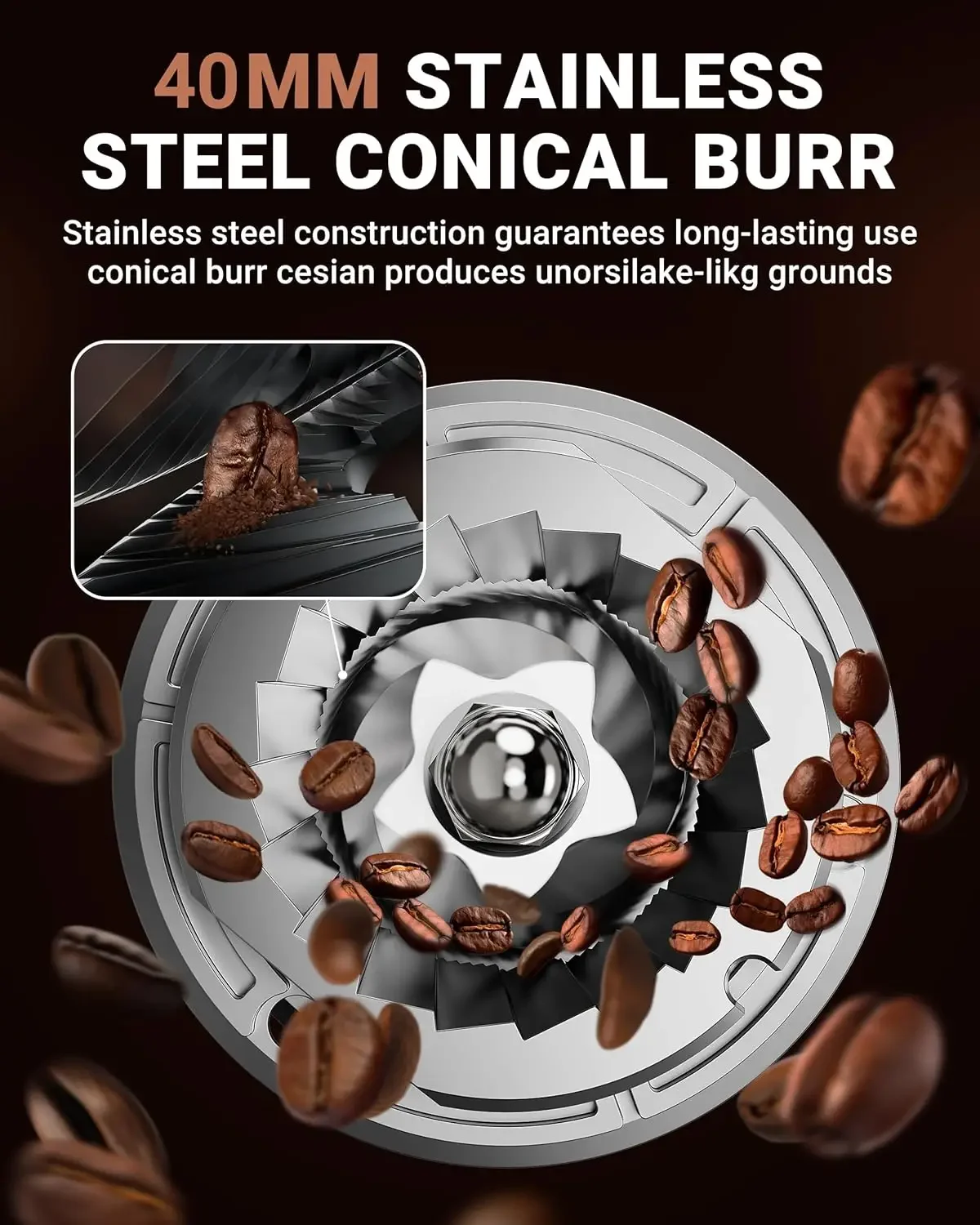 Coffee Grinder, Coffee Bean Grinder for Home Use with Precise Grinding, LED Control Panel, Detachable Funnel Stand, Anti