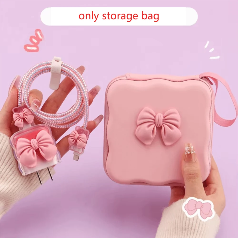 Charger Protector Cable Organiser 3D Lovely Bow Knot Travel Portable Storage Bag Cute Cable Charger Protector Cord Organizer