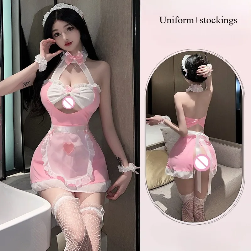 

Ladies' Sexy Lingerie Uniform Seductive Flirtatious Hot Bed No Take Off Passionate Exposed Hollow Maid Outfit